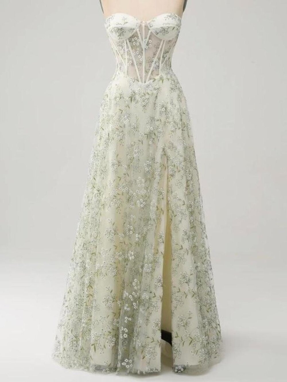 Zapaka A-Line Corset Prom Dress Embroidery White and Green Floral